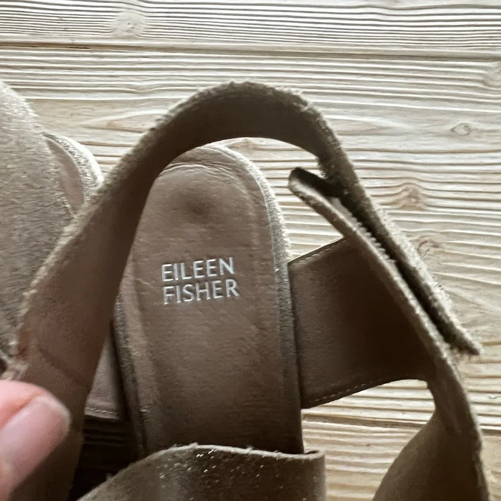 Eileen Fisher Metallic Suede Espadrille Wedge Sandals – Taupe | Size 8 - Picture 5 of 6